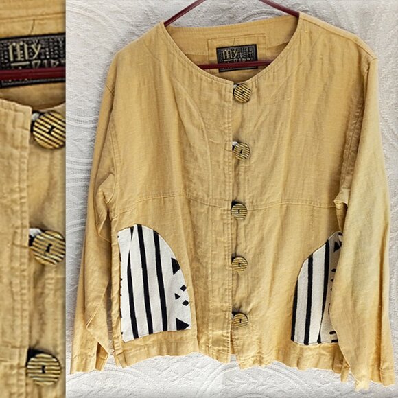 My Tribe 100% Linen Tribal Print Ethnic Look Jacket Unique Buttons Sz-S (T-386) - Picture 1 of 9